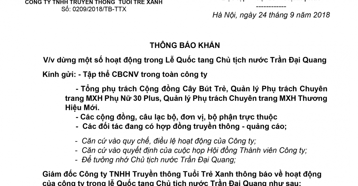 Quốc tang Chủ tịch nước Trần Đại Quang: Chúng tôi dừng một số hoạt động để tưởng niệm!